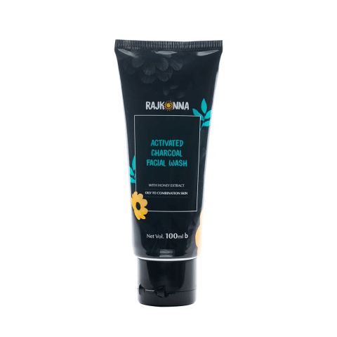 Rajkonna Activated Charcoal Facial Wash 100ml black tube standing upright, front label visible.