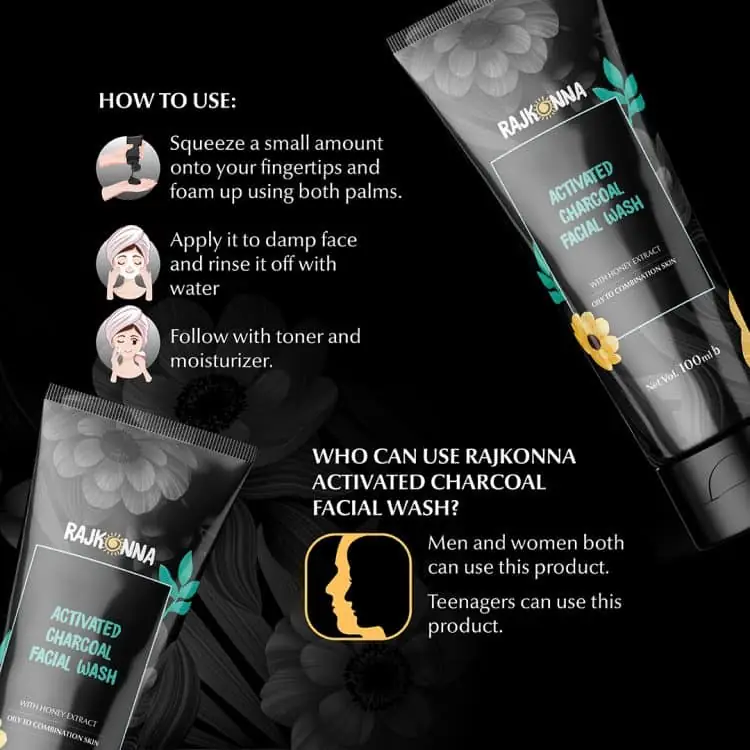 Rajkonna Activated Charcoal Facial Wash tube standing with raw charcoal pieces scattered. - thumbnail
