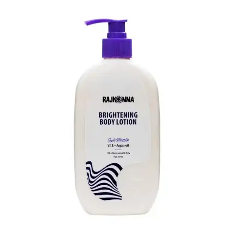 Rajkonna Brightening Body Lotion 300ml in an elegant white pump bottle, front-facing on white.