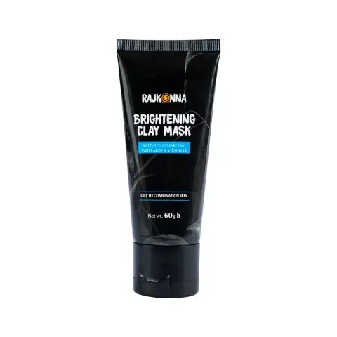 Rajkonna Brightening Clay Mask 60g black jar with green label featuring charcoal and aloe.
