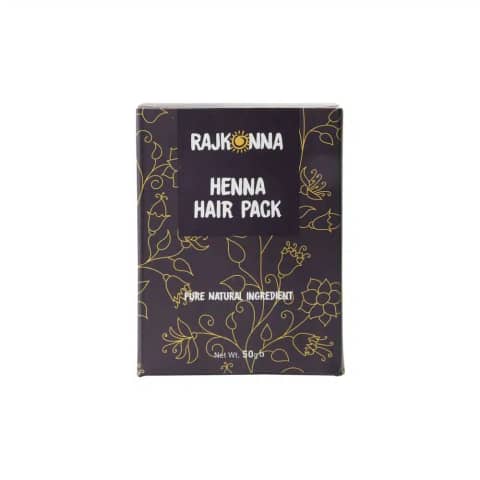 Rajkonna Henna Powder 50g green pouch standing upright, clearly showing brand logo and product details.