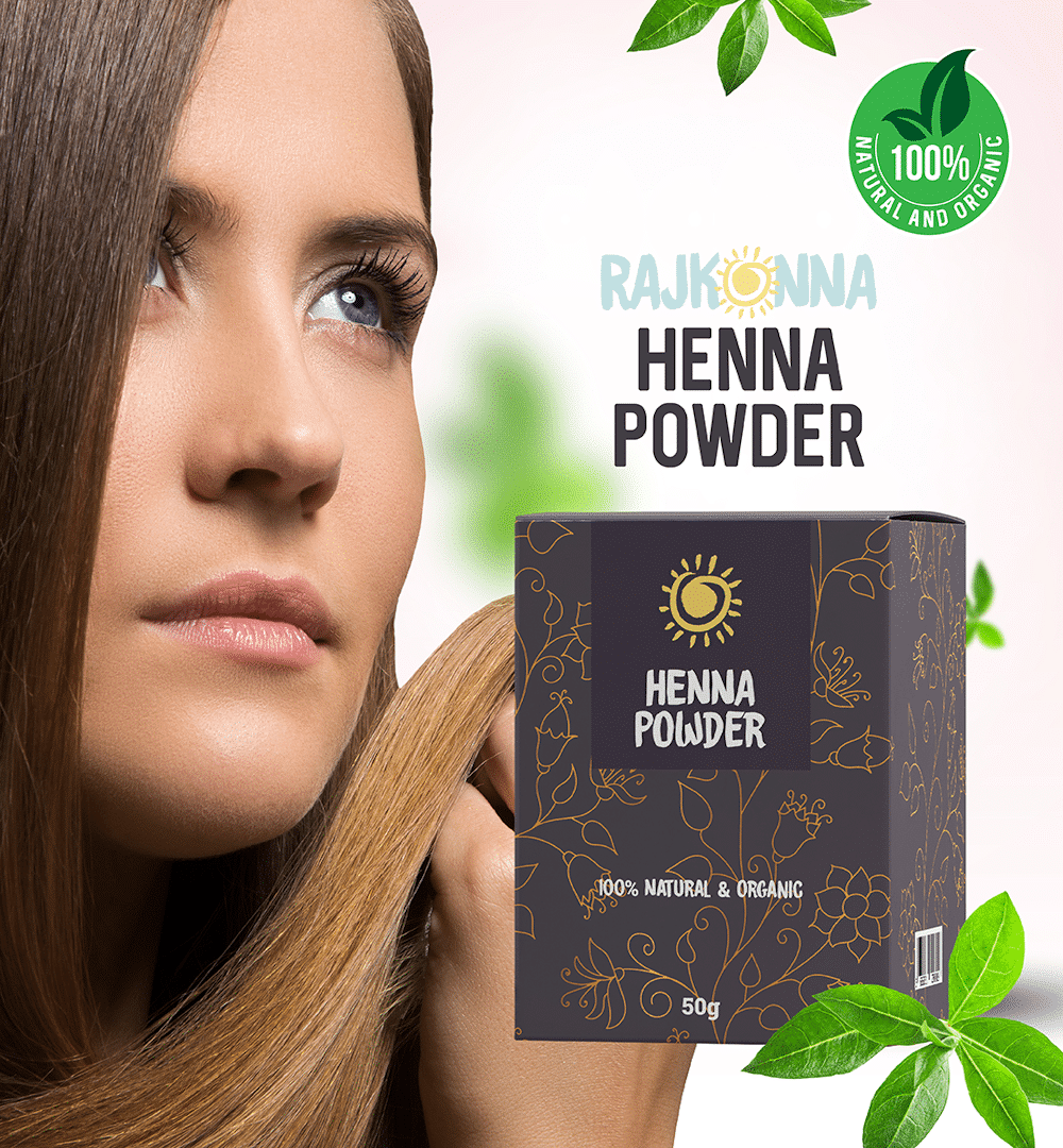 Close-up of Rajkonna Henna Powder 50g green pouch, highlighting its side angle and packaging texture. - thumbnail