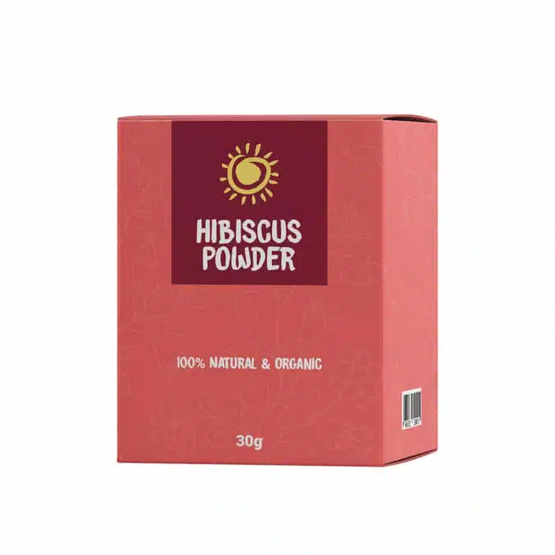 Rajkonna Hibiscus Powder 30g in its vibrant white stand-up pouch, prominent pink hibiscus flower graphic. - thumbnail