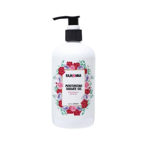Rajkonna Moisturizing Shower Gel, light blue gel in clear bottle with white pump dispenser.