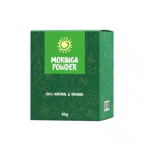 Front view of Rajkonna Moringa Powder 30gm green and white stand-up pouch, clearly showing brand.