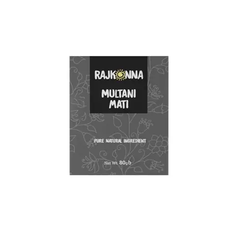 Rajkonna Multani Mati Powder 80gm white and green stand-up pouch, clearly showing product branding and details.