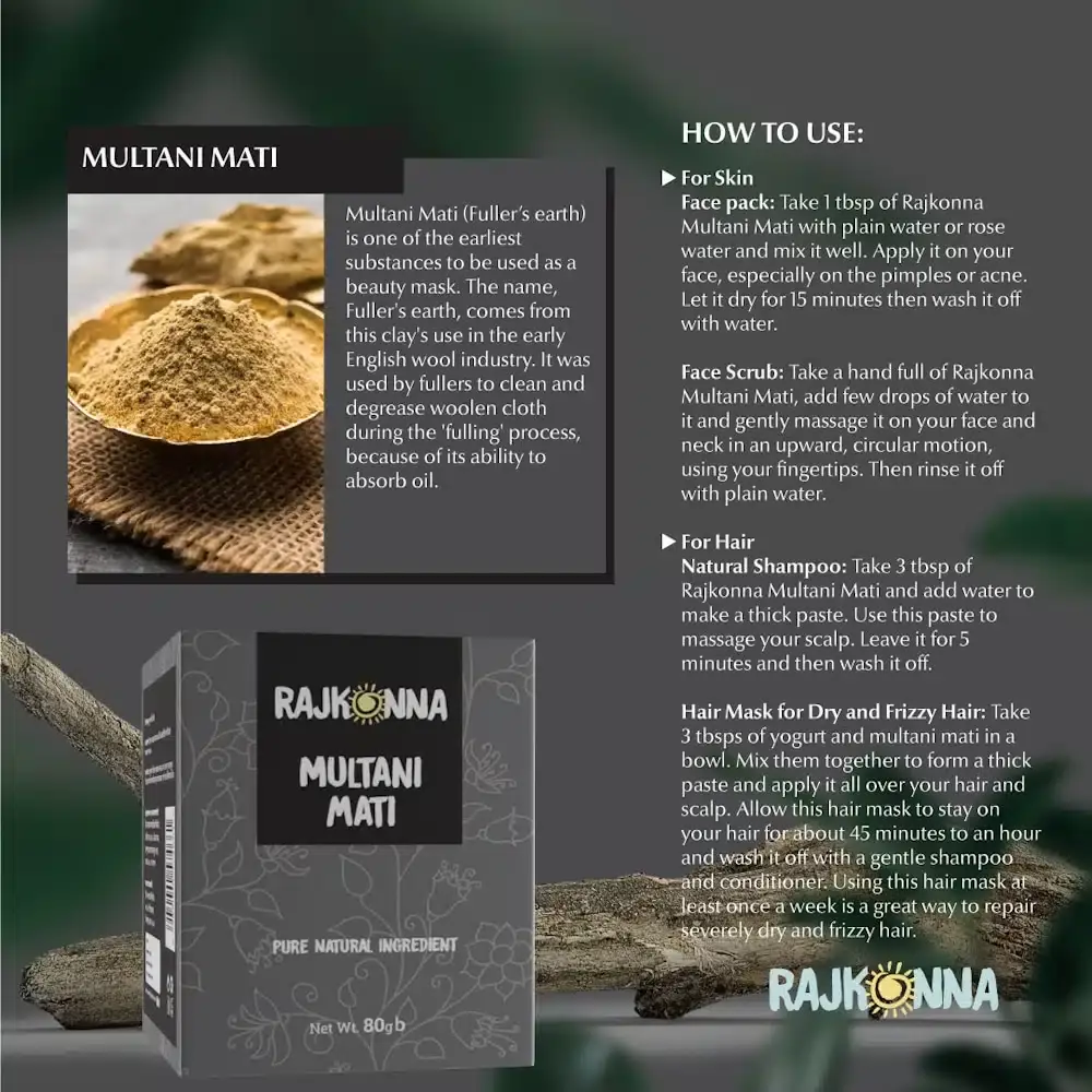 Rajkonna Multani Mati Powder 80gm pouch lying flat, showcasing detailed ingredients and usage instructions. - thumbnail