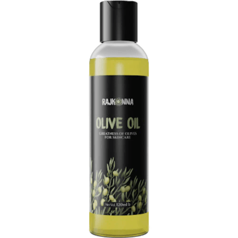 Rajkonna Olive Oil 120ml bottle, clear plastic with green label and white flip-top cap.