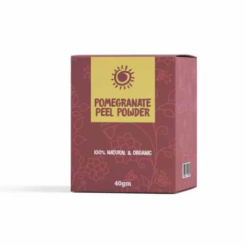 Rajkonna Pomegranate Peel Powder 40gm in white pouch. Clear window reveals reddish-brown natural powder inside.