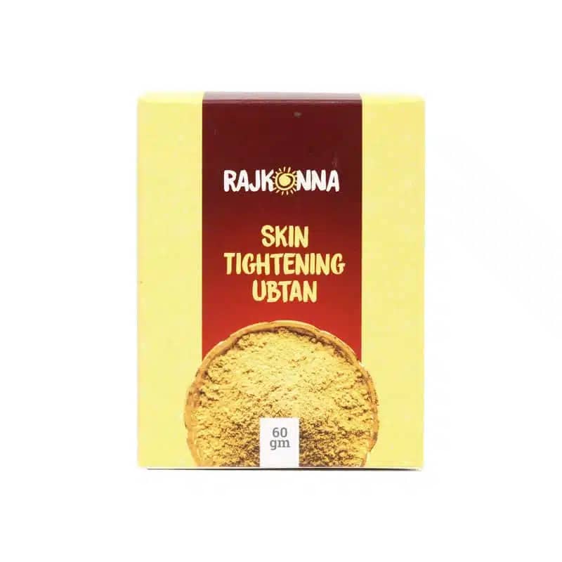 Front view of Rajkonna Skin Tightening Ubtan Powder in a golden-yellow sachet, 60gm. - thumbnail