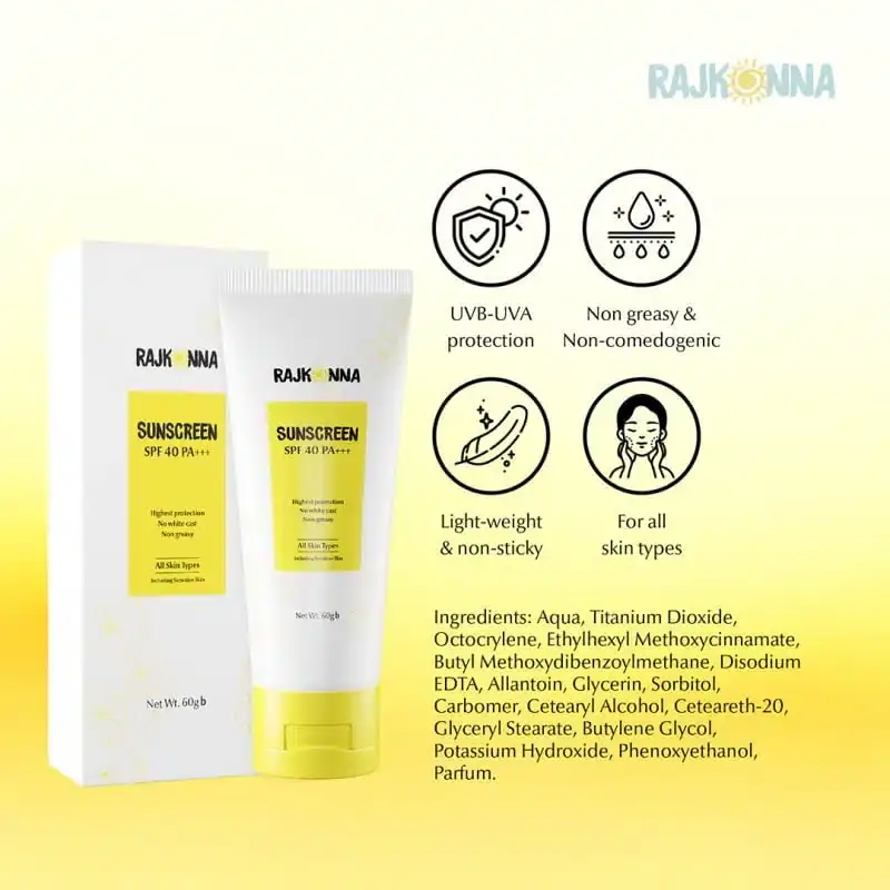 Rajkonna Sunscreen SPF 40 PA+++ tube lying flat, displaying the back label details clearly. - thumbnail