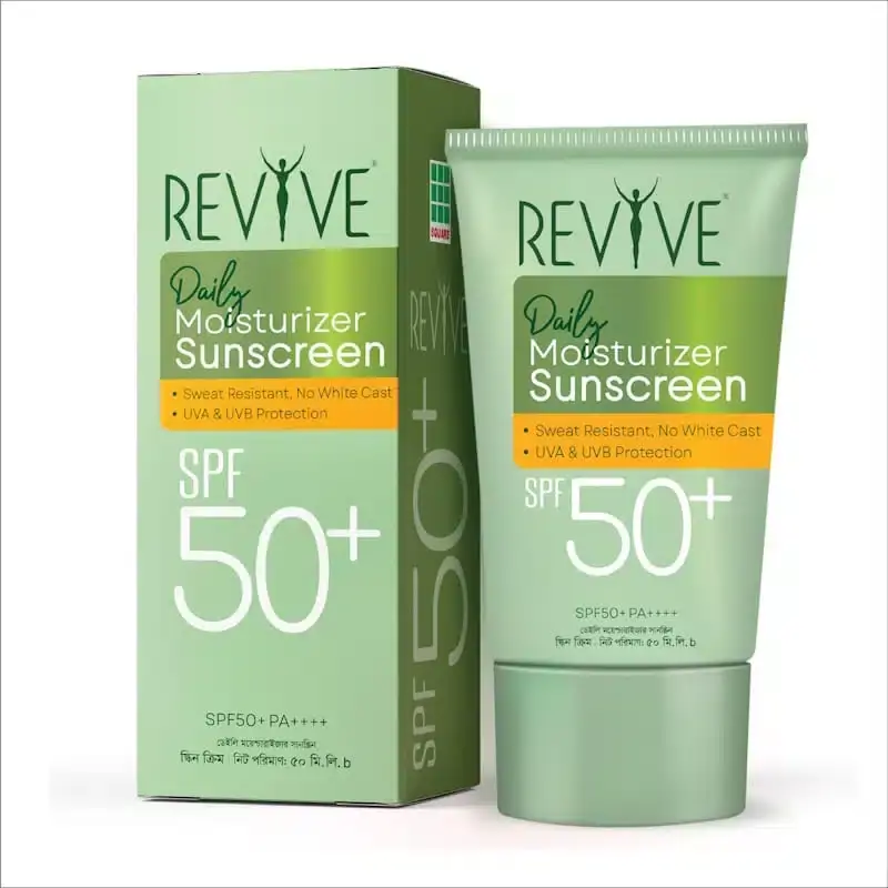 Maya Revive Daily Moisturizer Sunscreen SPF50+ PA+++ 50ml bottle, full front view, light green and white. - thumbnail
