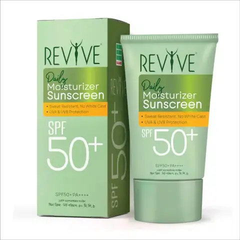 Maya Revive Daily Moisturizer Sunscreen SPF50+ PA+++ 50ml bottle, full front view, light green and white.