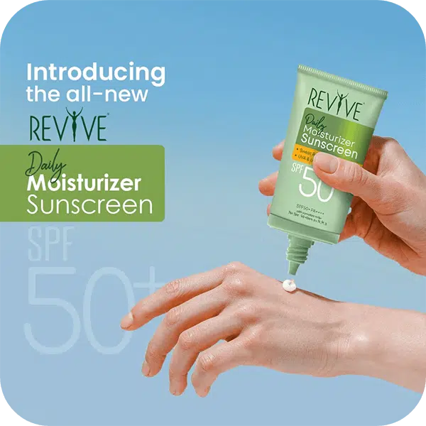 Maya Revive SPF50+ sunscreen bottle, light green, displayed with a fresh green leaf. - thumbnail