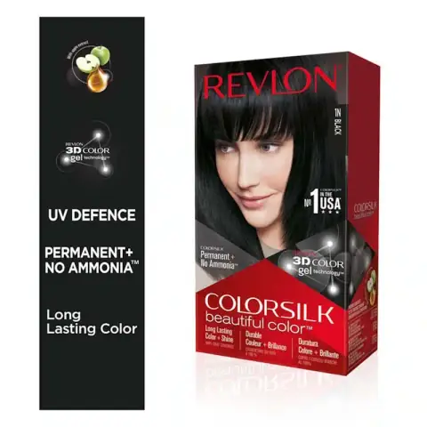 Revlon Colorsilk Black 1N permanent hair color box, showing model with vibrant black hair.