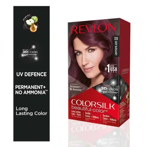 Revlon Colorsilk Deep Burgundy 3DB ammonia-free hair color kit box with model's rich burgundy hair.