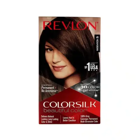 Front view of Revlon Colorsilk Medium Brown 4N permanent hair color box, showing model and key features.