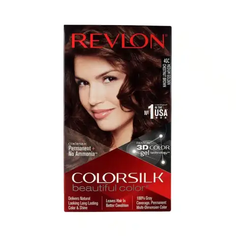 Revlon Colorsilk Medium Golden Chestnut Brown 4GC hair color box, showcasing model with rich brown hair.