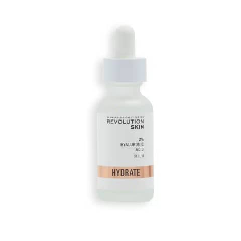Revolution 2% Hyaluronic Acid Hydrating Serum in a clear glass bottle with a white dropper cap.