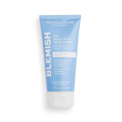 Revolution Skincare 2% Salicylic Acid BHA anti-blemish green face mask in an upright clear tube.