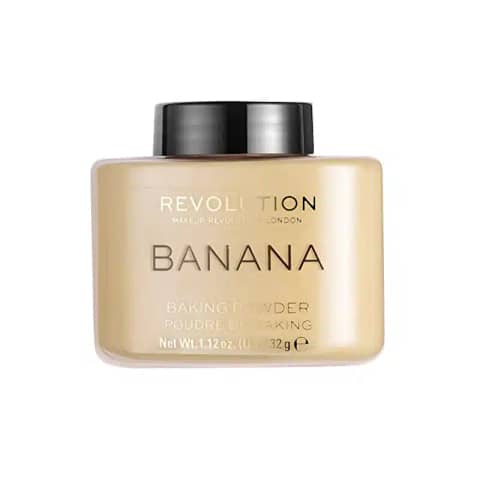 Revolution Banana Loose Powder 32g, full product packaging, round clear tub, yellow lid.