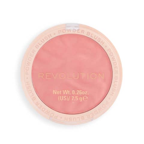 Closed Revolution Blusher Reloaded Rhubarb & Custard compact, clear lid revealing swirled pink and yellow powder.