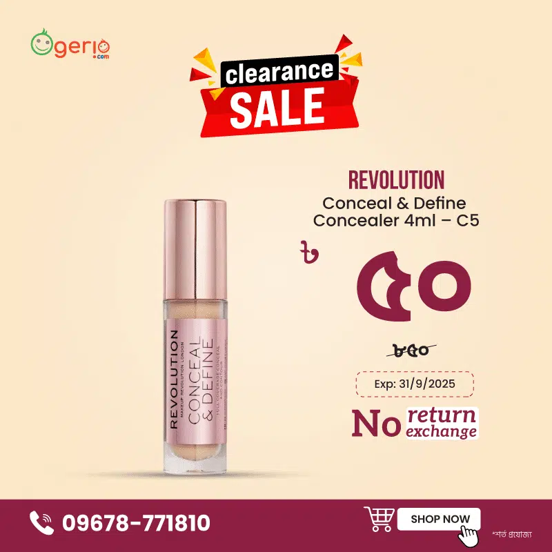 Revolution Conceal & Define 4ml C5 concealer, sleek black tube with rose gold cap.