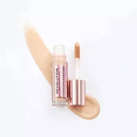 Revolution Conceal & Define Concealer C6, clear tube with black cap and extended doe-foot applicator.