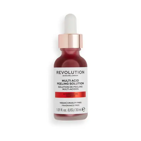 Revolution Skincare Multi Acid AHA BHA Peel Serum in a deep reddish-purple glass dropper bottle.