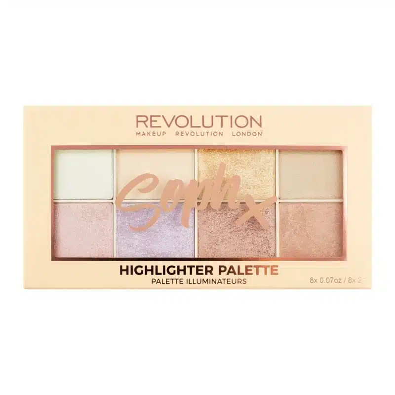 Revolution Soph X Highlighter Palette, sleek silver closed case, displaying brand text clearly. - thumbnail