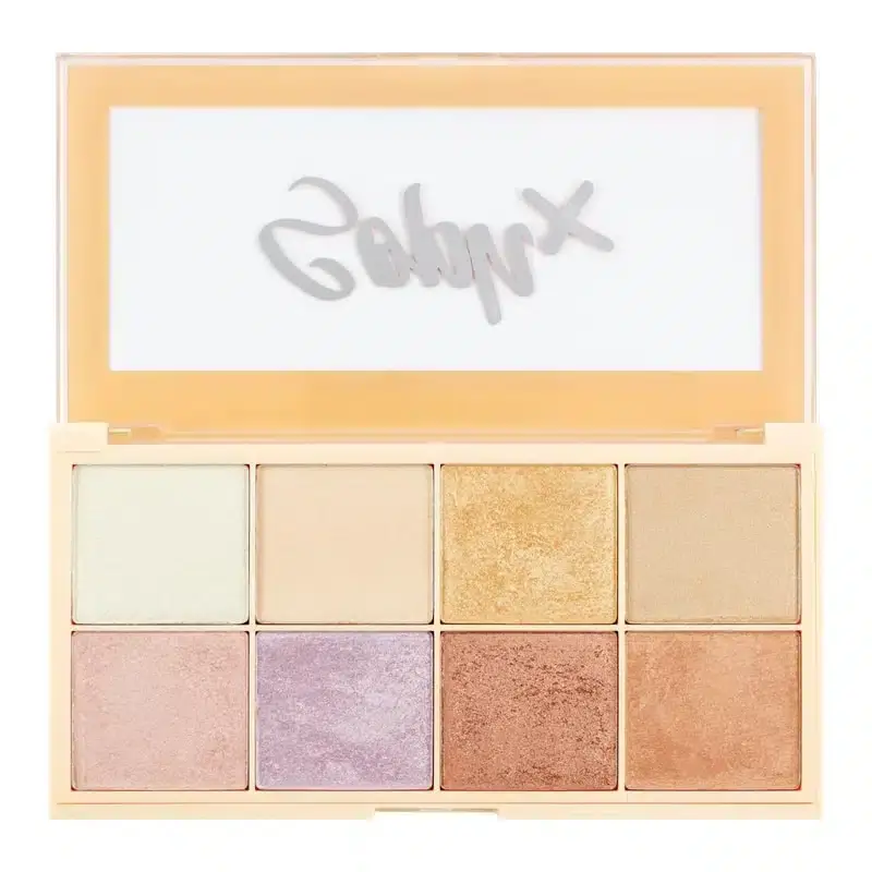 Revolution Soph X Highlighter Palette open, displaying 8 varied shimmery and matte shades. - thumbnail