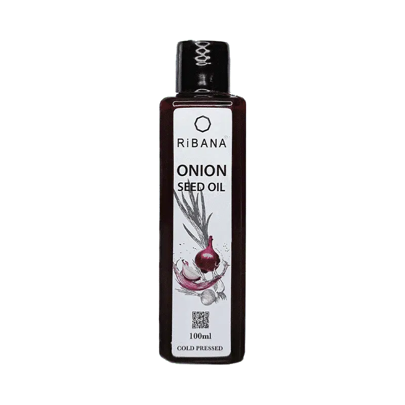 Ribana Onion Seed Oil 100ml in a dark amber bottle with a white pump dispenser, front view.