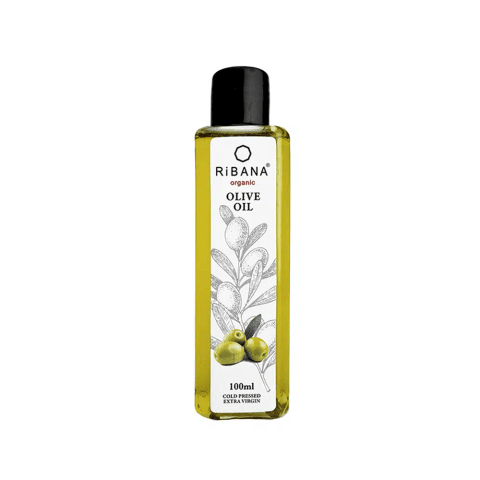 Ribana Organic Olive Oil in a clear 100ml bottle with a green label and white cap.