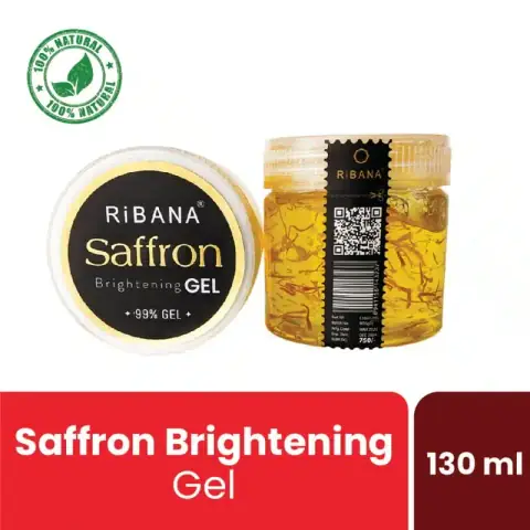 Ribana Saffron Brightening Gel 130ml, clear jar with visible golden-yellow gel and shiny gold cap.