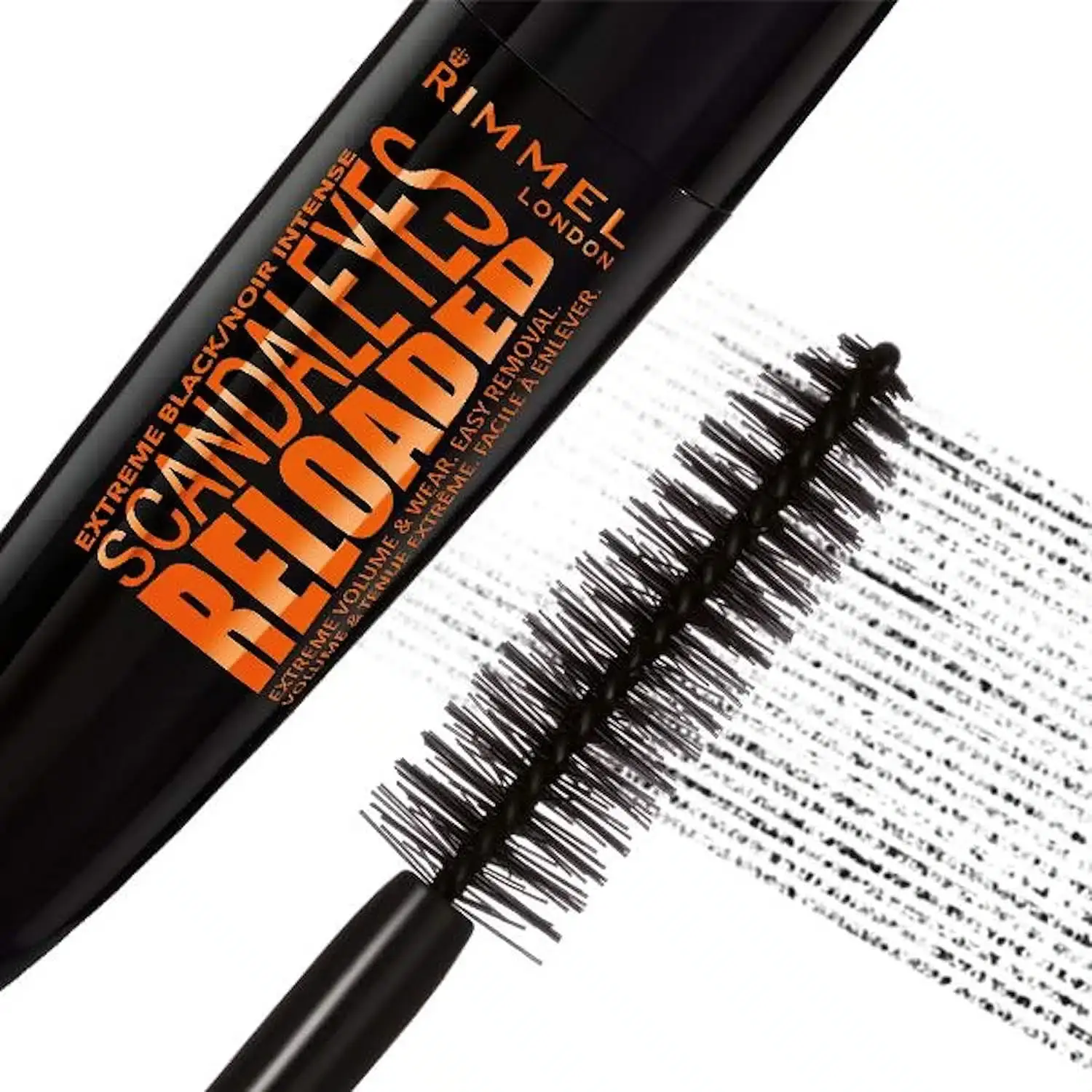 Rimmel London Scandaleyes Reloaded mascara tube opened, revealing the black brush applicator. - thumbnail