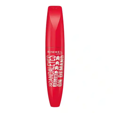 Rimmel London Scandaleyes black mascara tube, sleek packaging with silver lettering, standing upright.