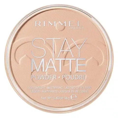 Rimmel Stay Matte Pressed Powder 003 Peach Glow compact, lid open, revealing embossed powder.