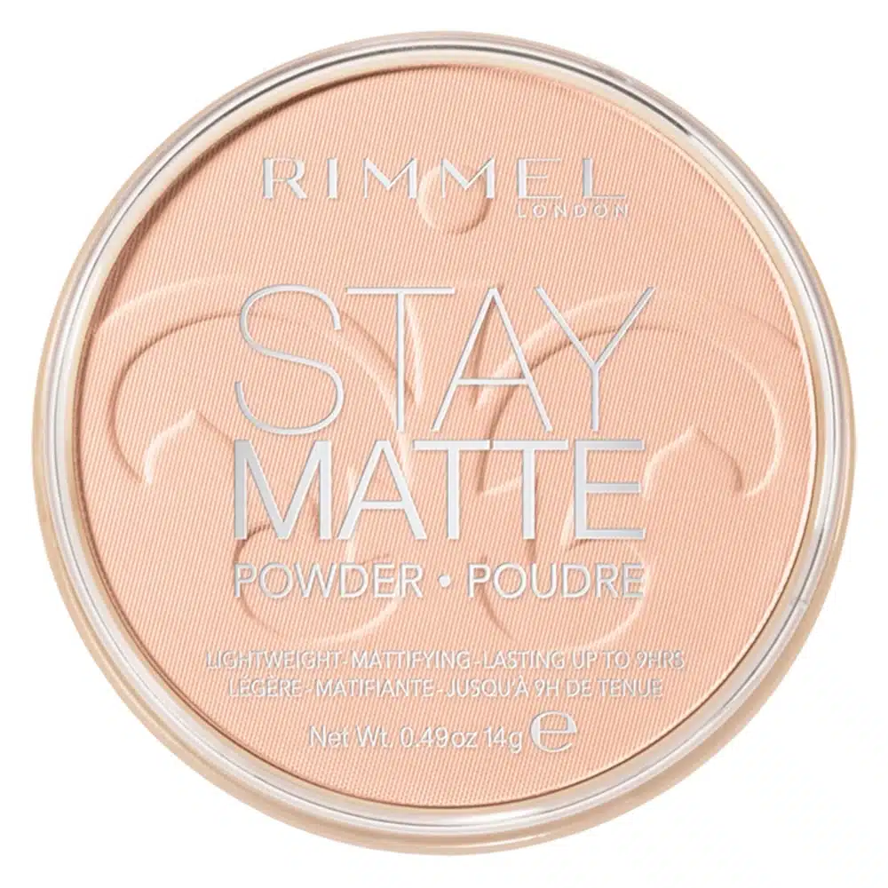 Rimmel Stay Matte Pressed Powder Pink Blossom 002 in clear compact, closed lid. - thumbnail