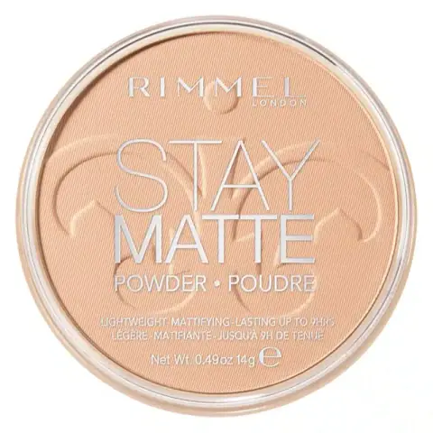 Rimmel Stay Matte Pressed Powder Sandstorm 004 compact, black with visible light beige powder.