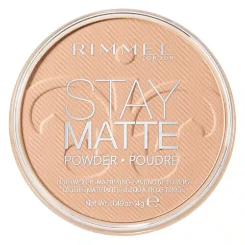 Angled view of Rimmel Stay Matte Pressed Powder compact, showing black lid with silver text.