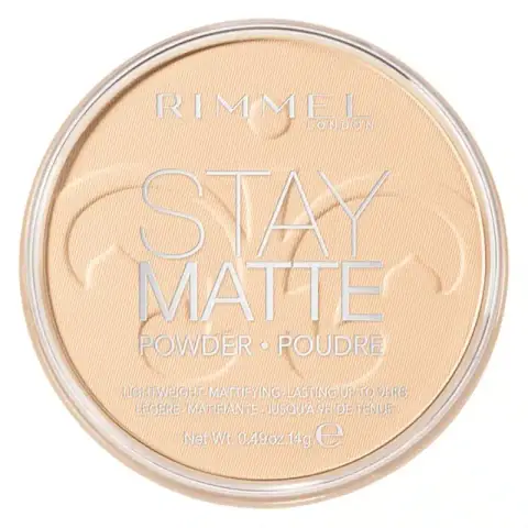 Rimmel Stay Matte Pressed Powder 001 transparent compact with a clear lid and black base.