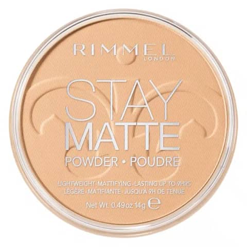 Rimmel Stay Matte Pressed Powder 006, warm beige shade, in transparent compact with purple lid.