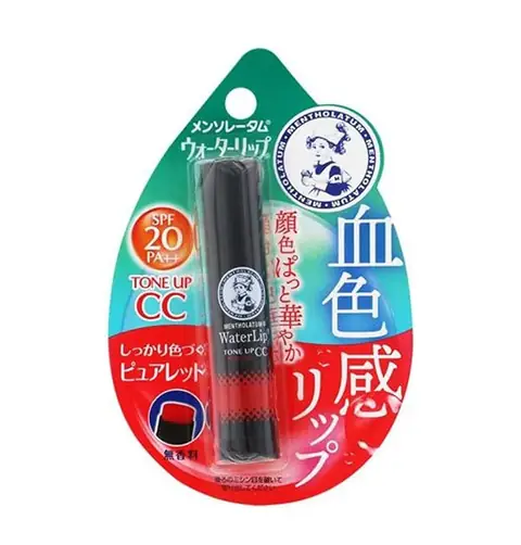 Rohto Mentholatum Water Lip Balm, white tube, cap off, showing light pink tone-up stick.