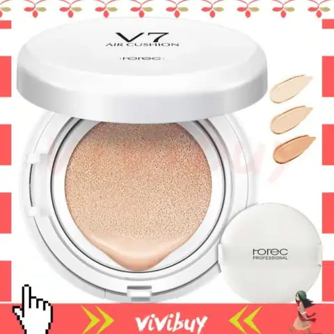 Rorec V7 Air Cushion compact, open revealing pink-ribboned puff and foundation-soaked sponge.