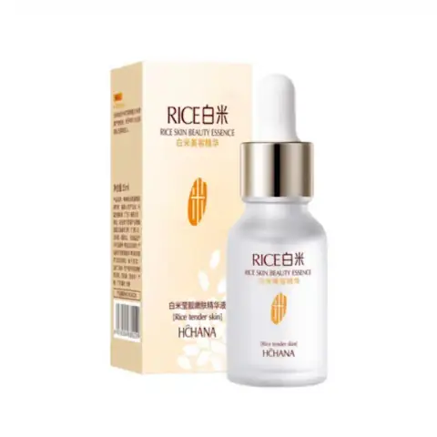 Rorec Hchana Rice Serum 15ml bottle, white and gold design, dropper cap, rice stalk label.