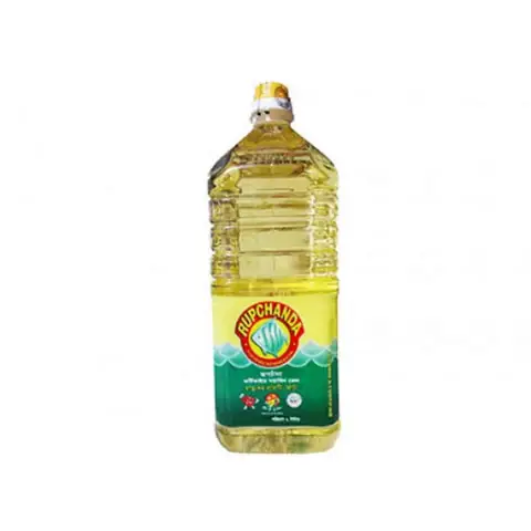 Full front view of Rupchanda Soyabean Oil 2L in a clear plastic bottle with red cap.