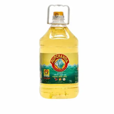 Rupchanda Soyabean Oil 5L plastic bottle, golden-yellow with white cap and red-accented label.