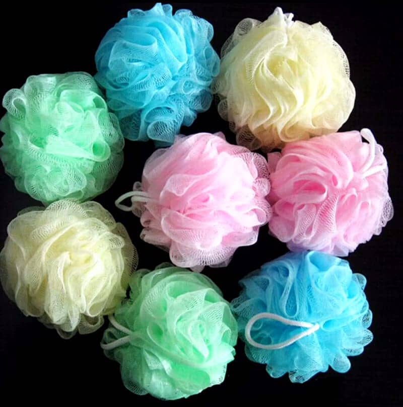Jinjieyuan Ruxnt fluffy bath ball loofah in soft mixed pink, blue, and white mesh. - thumbnail