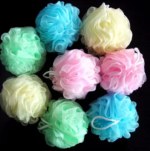 Jinjieyuan Ruxnt fluffy bath ball loofah in soft mixed pink, blue, and white mesh.