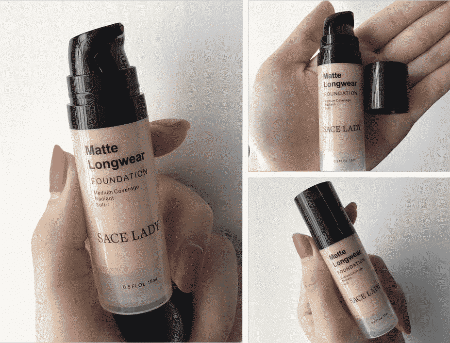 Sace Lady liquid foundation bottle tilted, showcasing gold brand logo and black pump. - thumbnail